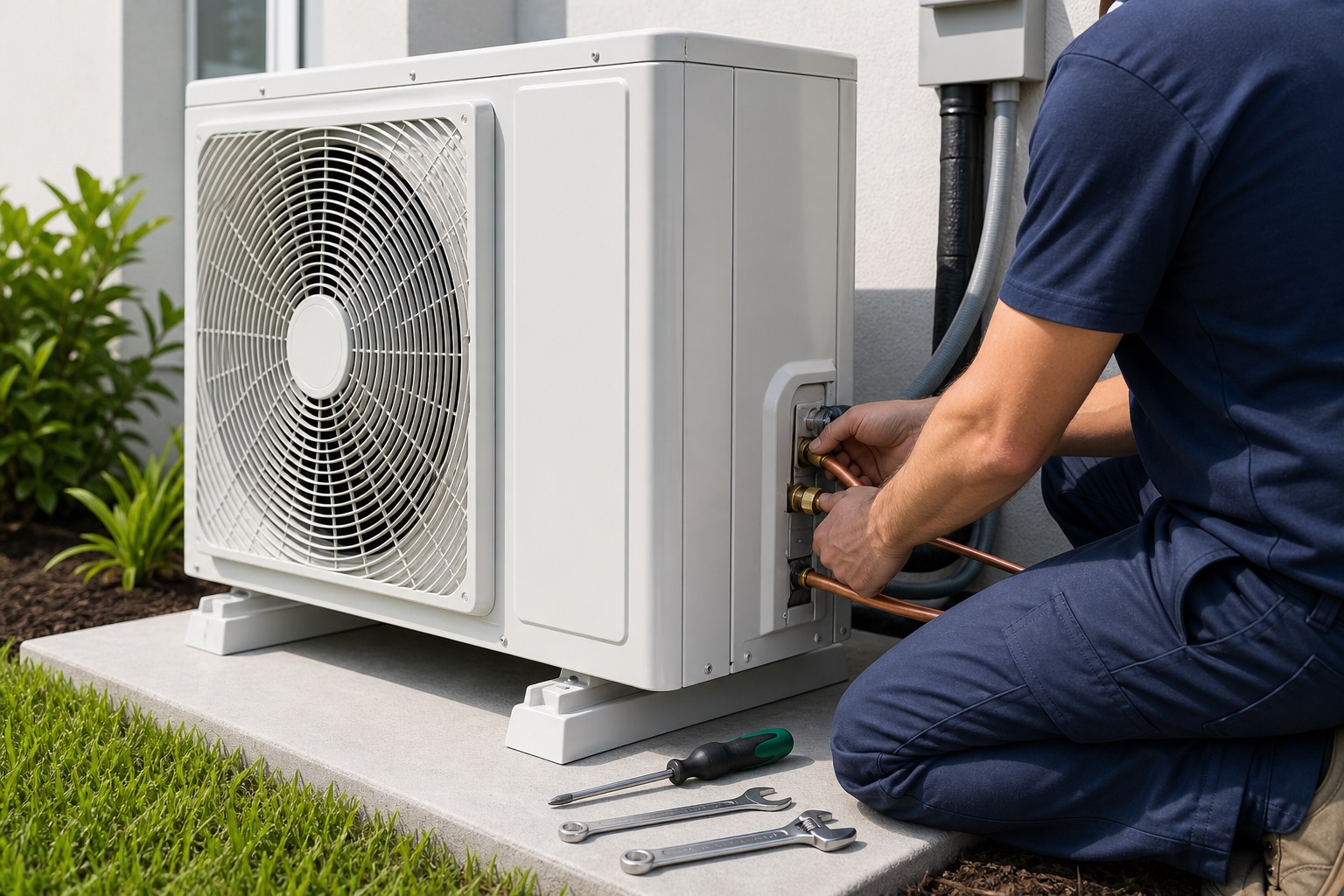 Air Wise HVAC technician installing a new residential AC system