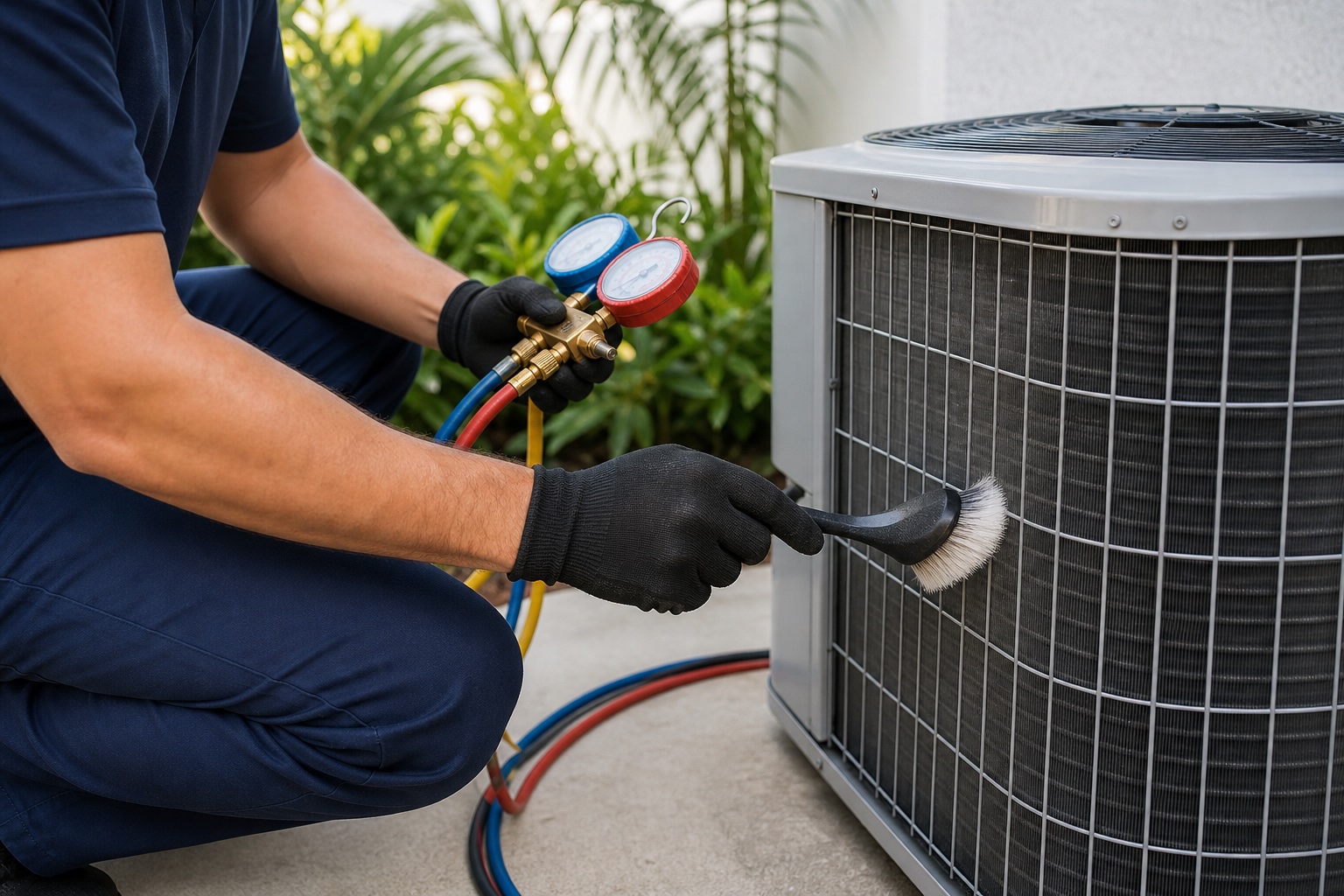 Air Wise HVAC technician performing preventive AC maintenance