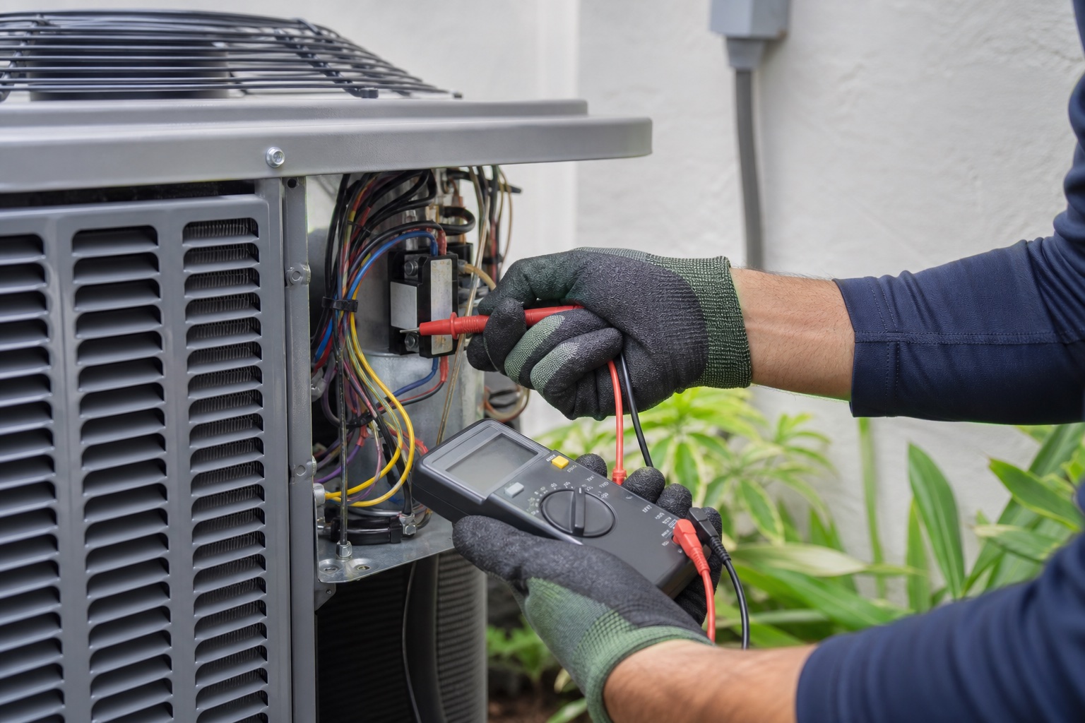 Air Wise HVAC technician diagnosing a residential AC condenser